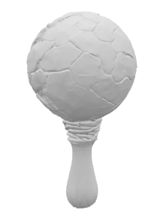 3D model for A 3D stylized rattle made of a volcanic rock sphere with molten lava cracks, attached to a charred wooden handle, filled with glowing ember beads, emissive glow, PBR materials, clean grey background  
