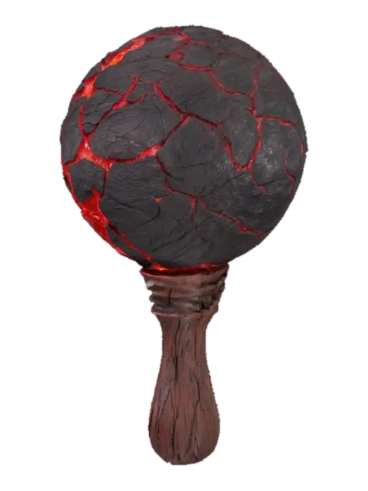 3D model for A 3D stylized rattle made of a volcanic rock sphere with molten lava cracks, attached to a charred wooden handle, filled with glowing ember beads, emissive glow, PBR materials, clean grey background  
