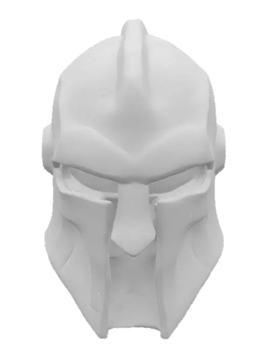 3D model for A formidable closed-faced helm is shaped from dark, dense volcanic rock, featuring deep, irregular grooves that subtly glow with an internal, molten orange and red light. The eye slits are narrow, reflecting a hint of the inner glow, while the rough, textured surface suggests immense durability. Its heavy, imposing form feels solid and unyielding.
