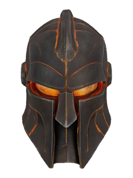 3D model for A formidable closed-faced helm is shaped from dark, dense volcanic rock, featuring deep, irregular grooves that subtly glow with an internal, molten orange and red light. The eye slits are narrow, reflecting a hint of the inner glow, while the rough, textured surface suggests immense durability. Its heavy, imposing form feels solid and unyielding.