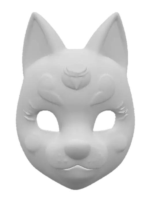 3D model for A playful Kitsune mask, made from a glossy, vibrant orange ceramic with a perfectly smooth, cool surface that reflects light with a soft sheen. Its rounded fox features include exaggerated, cheerful rosy cheeks and a delicate, painted black nose. Subtle, iridescent glitter is mixed into the glaze on its ear tips and around the eyes, creating a whimsical sparkle, making it feel light and delightful.