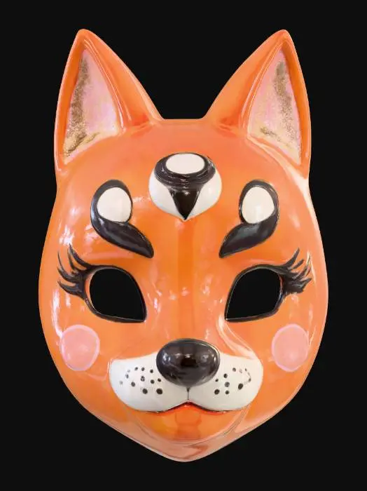 3D model for A playful Kitsune mask, made from a glossy, vibrant orange ceramic with a perfectly smooth, cool surface that reflects light with a soft sheen. Its rounded fox features include exaggerated, cheerful rosy cheeks and a delicate, painted black nose. Subtle, iridescent glitter is mixed into the glaze on its ear tips and around the eyes, creating a whimsical sparkle, making it feel light and delightful.