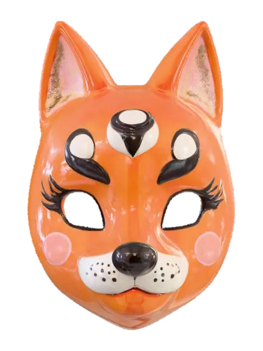 3D model for A playful Kitsune mask, made from a glossy, vibrant orange ceramic with a perfectly smooth, cool surface that reflects light with a soft sheen. Its rounded fox features include exaggerated, cheerful rosy cheeks and a delicate, painted black nose. Subtle, iridescent glitter is mixed into the glaze on its ear tips and around the eyes, creating a whimsical sparkle, making it feel light and delightful.