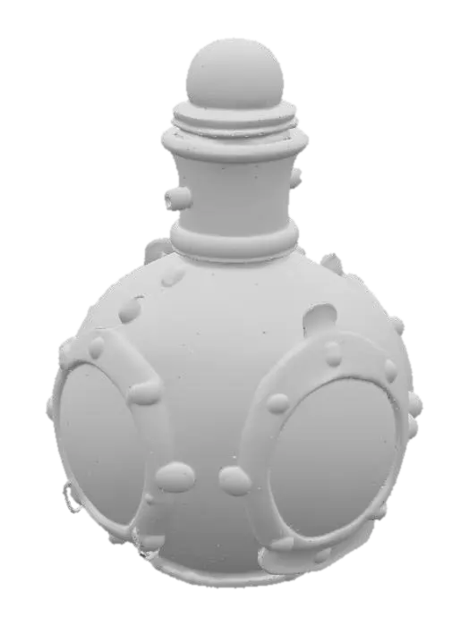 3D model for A squat, round-bodied apothecary bottle, predominantly aged copper, heavily blanketed by a thick, greenish-blue verdigris patina. Its surface is accented with numerous weathered brass rivets and intricate filigree bands that wrap around the form. A prominent, glossy red glass lens is deeply set into the front, framed by a textured, hammered brass ring. The bottle feels robust and cool, with a varied texture from the rough patina to the smooth glass.