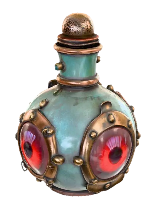 3D model for A squat, round-bodied apothecary bottle, predominantly aged copper, heavily blanketed by a thick, greenish-blue verdigris patina. Its surface is accented with numerous weathered brass rivets and intricate filigree bands that wrap around the form. A prominent, glossy red glass lens is deeply set into the front, framed by a textured, hammered brass ring. The bottle feels robust and cool, with a varied texture from the rough patina to the smooth glass.