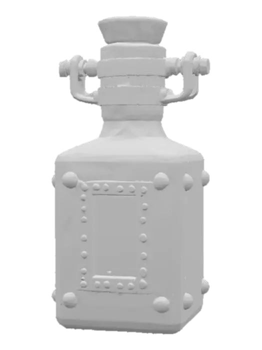 3D model for A unique potion bottle combining mixed geometries, featuring a cylindrical neck gracefully rising from a sturdy cube-shaped base. Both sections are clad in verdigris-tainted copper, displaying mottled green and brown hues. Aged brass brackets and small studs meticulously trim the corners and seams. One face of the cube showcases a vertical rectangular red glass window, firmly embedded within a riveted brass frame. It has a rough, metallic, and cool tactile quality.