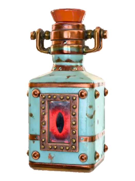 3D model for A unique potion bottle combining mixed geometries, featuring a cylindrical neck gracefully rising from a sturdy cube-shaped base. Both sections are clad in verdigris-tainted copper, displaying mottled green and brown hues. Aged brass brackets and small studs meticulously trim the corners and seams. One face of the cube showcases a vertical rectangular red glass window, firmly embedded within a riveted brass frame. It has a rough, metallic, and cool tactile quality.