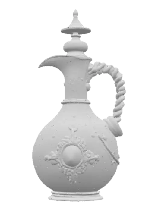 3D model for An ornate, elegantly curved serum bottle, featuring a distinctive twisted spiral handle and a gracefully flared mouth. Its body is made of copper, heavily covered in a greenish verdigris patina, with scattered rust spots adding to its aged character. Fine etched line details embellish the surface. Aged brass collars and small studs follow the bottle's elegant curves. A small, round red glass gem is set at the shoulder, cradled within a delicate brass filigree mount.