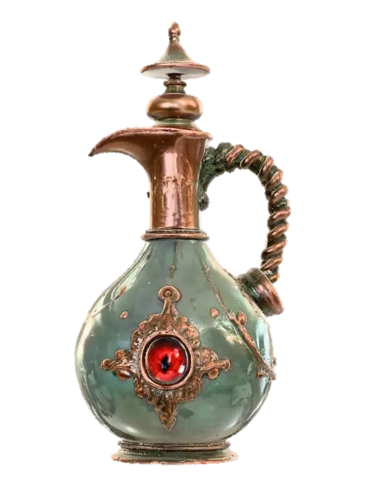 3D model for An ornate, elegantly curved serum bottle, featuring a distinctive twisted spiral handle and a gracefully flared mouth. Its body is made of copper, heavily covered in a greenish verdigris patina, with scattered rust spots adding to its aged character. Fine etched line details embellish the surface. Aged brass collars and small studs follow the bottle's elegant curves. A small, round red glass gem is set at the shoulder, cradled within a delicate brass filigree mount.