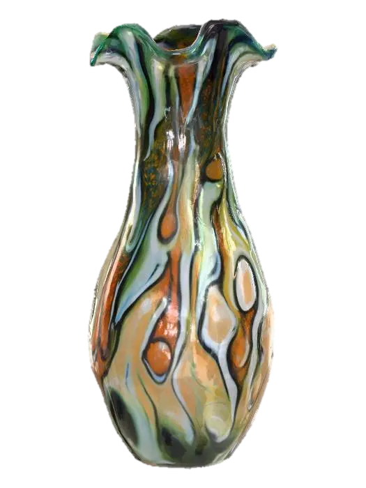 3D model for An elongated, abstract carnival glass vase with a fluid, melting appearance in hues of iridescent bronze and deep green. Its unique texture is characterized by flowing, molten ripples on the exterior and visible internal bubbles. A warm, fiery orange light glows from its core, vividly illuminating intricate, tree-like veins and branching cracks that spiderweb across its otherwise smooth, cool surface.
