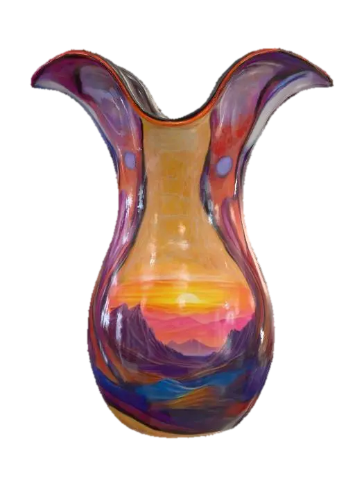 3D model for An abstract, free-form carnival glass vase, its body sculpted into an undulating, wave-like shape with a shimmering marigold base. Its surface boasts a unique, slightly rippled texture, creating an oil-slick rainbow effect. From within, a soft, ethereal golden light emanates, highlighting intricate, web-like cracks and glowing veins that seem to pulse through its translucent, iridescent form, feeling cool and fluid to the touch.