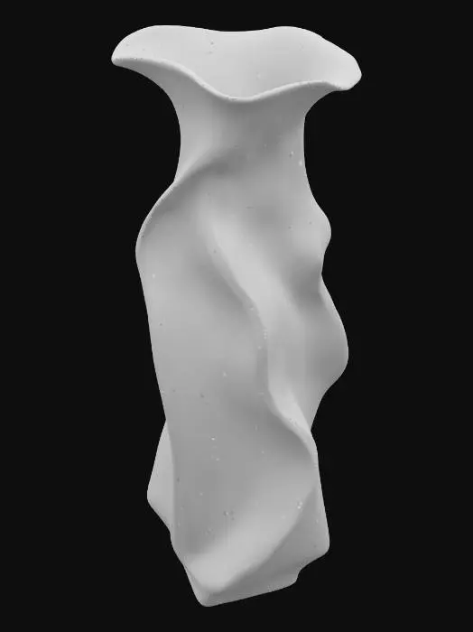 3D model for A sculptural porcelain vase, featuring an organic, undulating form in a pristine, unglazed bisque finish. Its surface possesses a velvety, matte texture that absorbs light, contrasted by delicate, hand-painted gold leaf accents along its rippling edges, which catch and reflect light with a luxurious sheen. The vase feels surprisingly lightweight yet substantial, embodying a refined, artistic elegance.