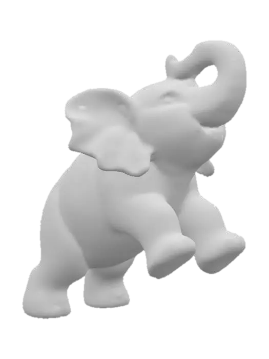 3D model for A playful ceramic elephant calf figurine, depicted with its trunk playfully raised and ears flapping, in a short, robust stance. Its rotund body and thick limbs are covered in a glossy two-tone glaze: a rich, dark brown on its back and outer legs, complemented by a soft, creamy beige on its belly and ear interiors. The smooth, cool sculpture feels solid and substantial, conveying youthful exuberance.