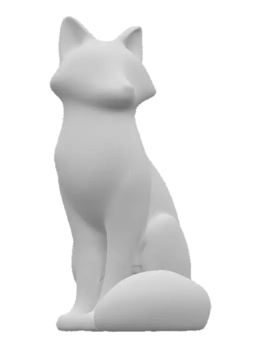 3D model for A minimalistic glossy ceramic sculpture of a sitting fox, stylized body with soft edges, polished glaze in chestnut brown and creamy beige, highly reflective glossy finish, modern decorative aesthetic, cinematic render, dark gradient background.
