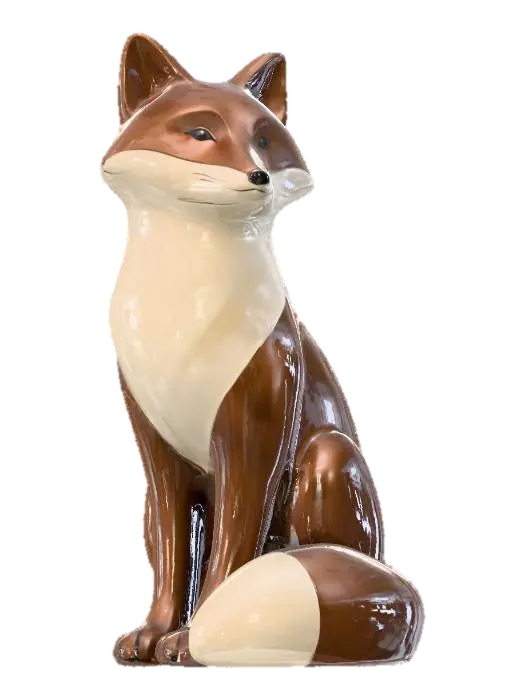 3D model for A minimalistic glossy ceramic sculpture of a sitting fox, stylized body with soft edges, polished glaze in chestnut brown and creamy beige, highly reflective glossy finish, modern decorative aesthetic, cinematic render, dark gradient background.
