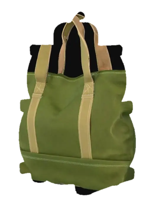 3D model for A utilitarian canvas tote bag, crafted from heavy-duty, deep forest green canvas, giving it a rich, earthy color. Its classic rectangular shape is reinforced with strong stitching, and the rough, tightly woven fabric feels exceptionally sturdy and durable to the touch. It features a wide, open top and two robust canvas handles, offering a firm, somewhat coarse grip. The material is dense and firm, yet naturally flexible, perfect for carrying heavy loads.
