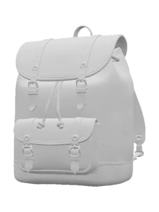 3D model for A vintage-inspired hiker's backpack, crafted from rich, forest-green full-grain leather that exhibits a matte, slightly worn texture. Its main compartment is a rounded, spacious barrel shape with a drawstring closure, covered by a large top flap secured with antique brass buckles. The leather feels sturdy and robust, developing a beautiful patina over time, giving it a classic, earthy appeal with a comfortable, substantial weight.