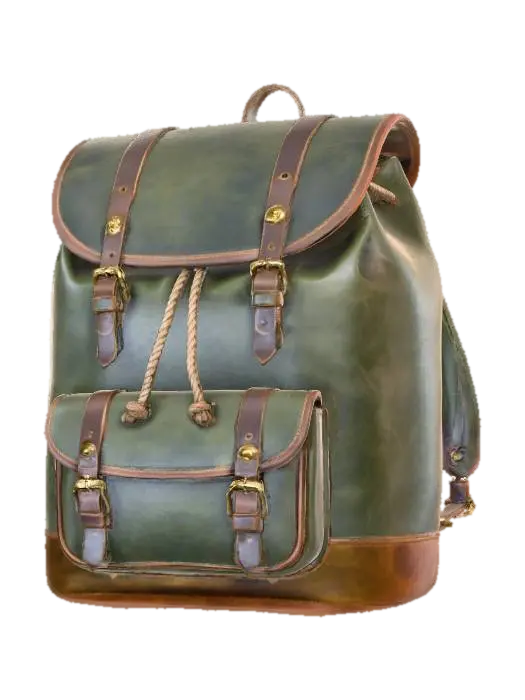 3D model for A vintage-inspired hiker's backpack, crafted from rich, forest-green full-grain leather that exhibits a matte, slightly worn texture. Its main compartment is a rounded, spacious barrel shape with a drawstring closure, covered by a large top flap secured with antique brass buckles. The leather feels sturdy and robust, developing a beautiful patina over time, giving it a classic, earthy appeal with a comfortable, substantial weight.