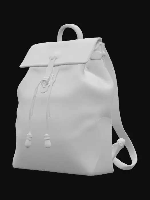 3D model for A vintage-inspired hiker's backpack, crafted from rich, forest-green full-grain leather that exhibits a matte, slightly worn texture. Its main compartment is a rounded, spacious barrel shape with a drawstring closure, covered by a large top flap secured with antique brass buckles. The leather feels sturdy and robust, developing a beautiful patina over time, giving it a classic, earthy appeal with a comfortable, substantial weight.