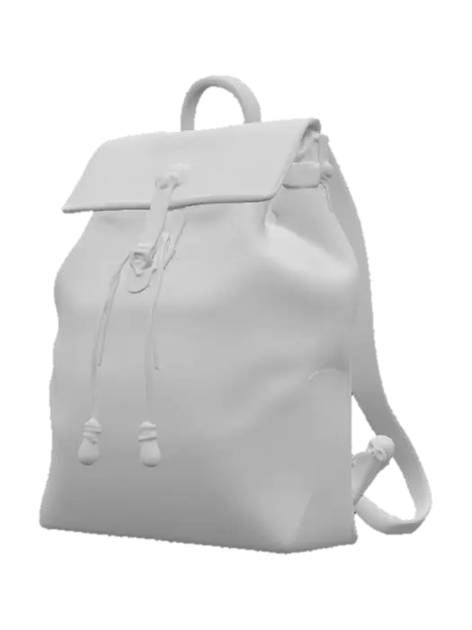 3D model for A vintage-inspired hiker's backpack, crafted from rich, forest-green full-grain leather that exhibits a matte, slightly worn texture. Its main compartment is a rounded, spacious barrel shape with a drawstring closure, covered by a large top flap secured with antique brass buckles. The leather feels sturdy and robust, developing a beautiful patina over time, giving it a classic, earthy appeal with a comfortable, substantial weight.