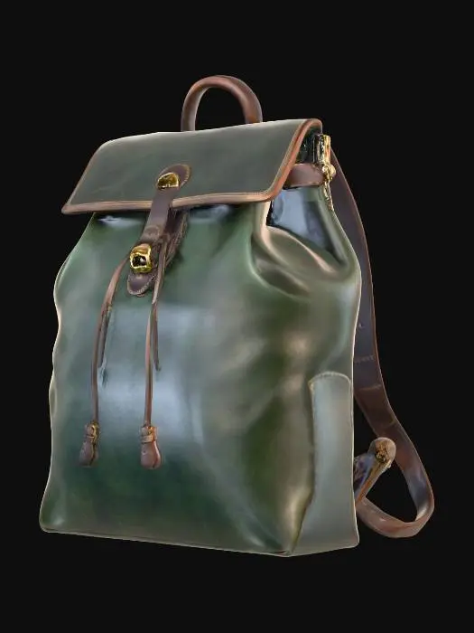 3D model for A vintage-inspired hiker's backpack, crafted from rich, forest-green full-grain leather that exhibits a matte, slightly worn texture. Its main compartment is a rounded, spacious barrel shape with a drawstring closure, covered by a large top flap secured with antique brass buckles. The leather feels sturdy and robust, developing a beautiful patina over time, giving it a classic, earthy appeal with a comfortable, substantial weight.