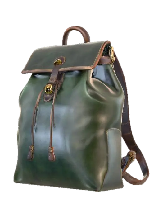 3D model for A vintage-inspired hiker's backpack, crafted from rich, forest-green full-grain leather that exhibits a matte, slightly worn texture. Its main compartment is a rounded, spacious barrel shape with a drawstring closure, covered by a large top flap secured with antique brass buckles. The leather feels sturdy and robust, developing a beautiful patina over time, giving it a classic, earthy appeal with a comfortable, substantial weight.