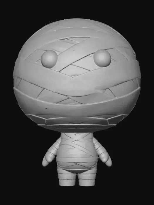 3D model for Chibi-stylized Pop Mart-style toy figure.
Oversized head wrapped in chunky bandages, ivory albedo gradient with beige shading,
small chibi body in bandage outfit with simplified folds,
matte toy-like plastic surface,
cute round eyes peeking out, Pop Mart blind box style.