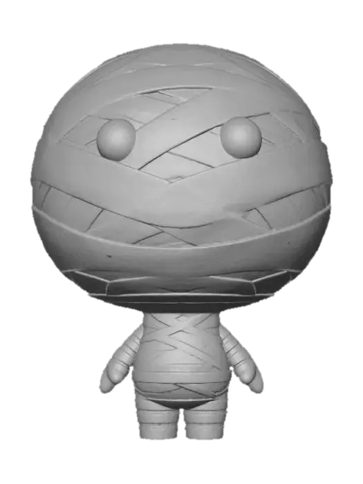3D model for Chibi-stylized Pop Mart-style toy figure. 
Oversized head wrapped in chunky bandages, ivory albedo gradient with beige shading, 
small chibi body in bandage outfit with simplified folds, 
matte toy-like plastic surface, 
cute round eyes peeking out, Pop Mart blind box style.
