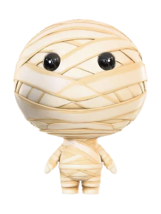 3D model for Chibi-stylized Pop Mart-style toy figure. 
Oversized head wrapped in chunky bandages, ivory albedo gradient with beige shading, 
small chibi body in bandage outfit with simplified folds, 
matte toy-like plastic surface, 
cute round eyes peeking out, Pop Mart blind box style.