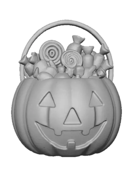 3D model for Clay-like stylized 3D model of a Halloween candy bucket shaped like a pumpkin head. 
Chunky simplified form, matte clay surface with slight clay grain. 
Bucket in gradient orange tones, filled with toy-like candy pieces in saturated colors. 
Rendered with soft studio lighting and ambient occlusion.
