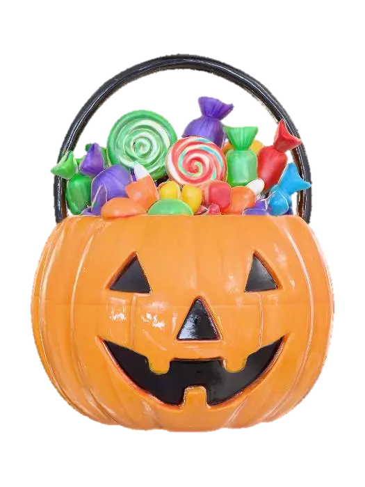 3D model for Clay-like stylized 3D model of a Halloween candy bucket shaped like a pumpkin head. 
Chunky simplified form, matte clay surface with slight clay grain. 
Bucket in gradient orange tones, filled with toy-like candy pieces in saturated colors. 
Rendered with soft studio lighting and ambient occlusion.