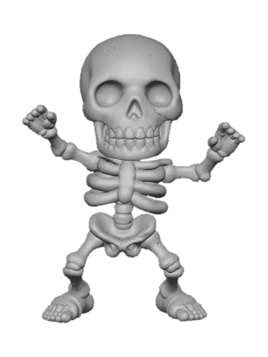 3D model for Clay-like stylized 3D model of a skeleton in a goofy dancing pose with chunky toy-like bones. 
Matte clay surface with subtle imperfections. chibi
Bone gradient from ivory white to light beige, exaggerated proportions with oversized head and hands. 
Rendered with soft studio lighting and shadows.
