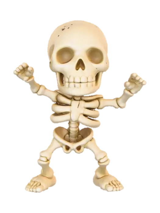 3D model for Clay-like stylized 3D model of a skeleton in a goofy dancing pose with chunky toy-like bones. 
Matte clay surface with subtle imperfections. chibi
Bone gradient from ivory white to light beige, exaggerated proportions with oversized head and hands. 
Rendered with soft studio lighting and shadows.
