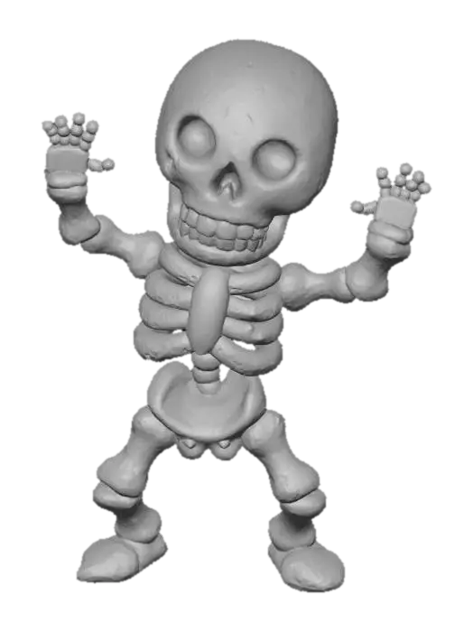3D model for Clay-like stylized 3D model of a skeleton in a goofy dancing pose with chunky toy-like bones. 
Matte clay surface with subtle imperfections. 
Bone gradient from ivory white to light beige, exaggerated proportions with oversized head and hands. 
Rendered with soft studio lighting and shadows.