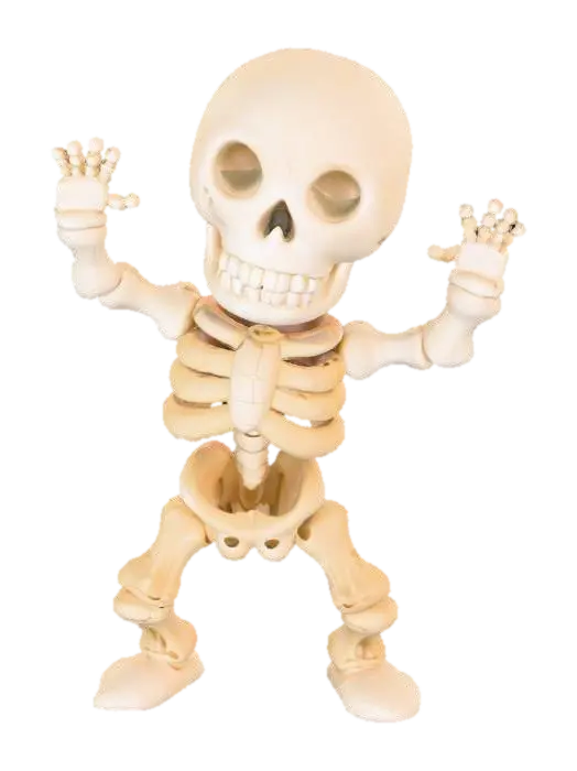 3D model for Clay-like stylized 3D model of a skeleton in a goofy dancing pose with chunky toy-like bones. 
Matte clay surface with subtle imperfections. 
Bone gradient from ivory white to light beige, exaggerated proportions with oversized head and hands. 
Rendered with soft studio lighting and shadows.