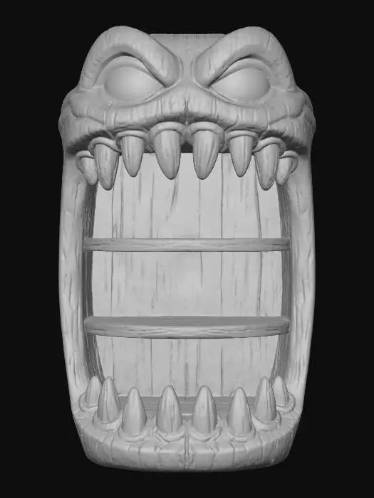 3D model for Stylized PBR 3D model of a bookshelf with monster mouth design. 
Wood albedo gradient from brown to black, 
normal stylized teeth carved into shelves, 
emissive glowing eyes on top, 
AO baked shadows inside shelves.