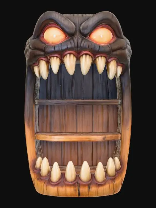 3D model for Stylized PBR 3D model of a bookshelf with monster mouth design. 
Wood albedo gradient from brown to black, 
normal stylized teeth carved into shelves, 
emissive glowing eyes on top, 
AO baked shadows inside shelves.