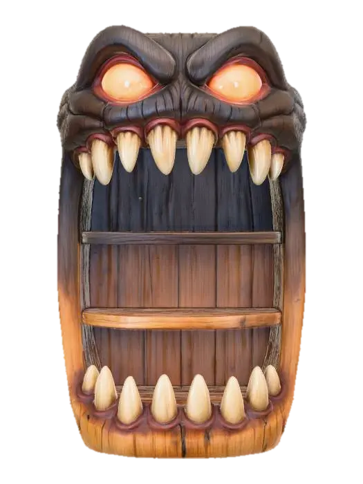 Stylized PBR 3D model of a bookshelf with monster mouth design. Wood albedo… - Gradient 3D model, vytvořený pomocí AI