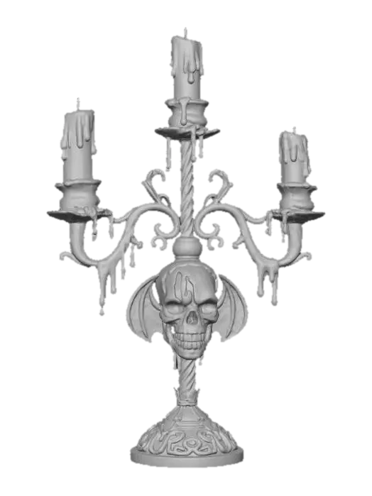 3D model for An antique silver candelabra, intricately designed with twisting branches and a large gothic Skull motif, holding three half-melted, drippy orange candles.  Wax drips down the sides of the candelabra, hardened and glossy, adding to its eerie, aged elegance. #Halloween2025#