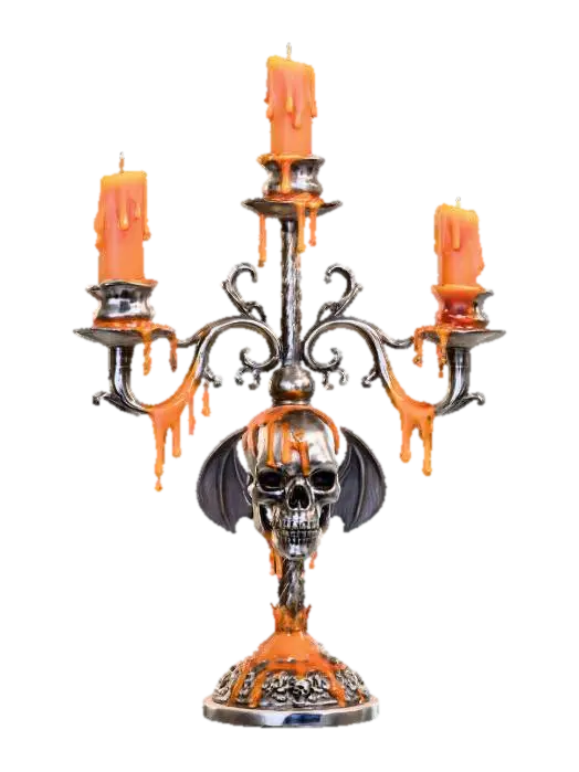 3D model for An antique silver candelabra, intricately designed with twisting branches and a large gothic Skull motif, holding three half-melted, drippy orange candles.  Wax drips down the sides of the candelabra, hardened and glossy, adding to its eerie, aged elegance. #Halloween2025#