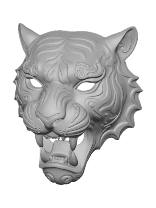 3D model for A vibrant, intricately carved wooden mask depicting a stylized tiger, painted in a robust palette of fiery orange, deep charcoal, and jungle green. The wood texture is subtly visible beneath the matte, distressed paint finish, highlighting its distinctive stripes and powerful roar. Adorned with flame-like patterns around its face and powerful tribal lines along its muscular cheeks, it exudes an ancient, untamed aura.