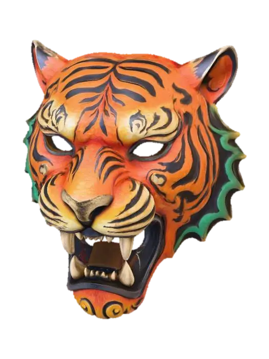 3D model for A vibrant, intricately carved wooden mask depicting a stylized tiger, painted in a robust palette of fiery orange, deep charcoal, and jungle green. The wood texture is subtly visible beneath the matte, distressed paint finish, highlighting its distinctive stripes and powerful roar. Adorned with flame-like patterns around its face and powerful tribal lines along its muscular cheeks, it exudes an ancient, untamed aura.