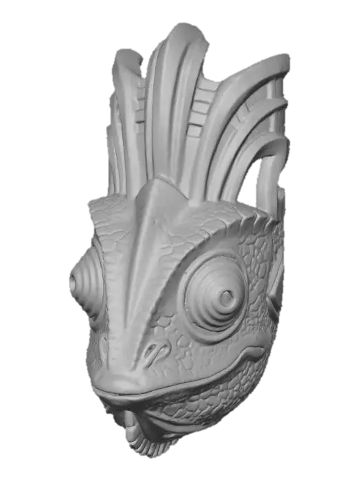 3D model for A vibrant, intricately carved wooden mask depicting a stylized chameleon, painted in a robust palette of shifting lime green, sunset orange, and deep turquoise. The wood texture is subtly visible beneath the matte, distressed paint finish, highlighting its bulging eyes and textured skin. Adorned with scale-like patterns around its face and powerful tribal lines along its unique crest, it exudes an ancient, enigmatic aura.
