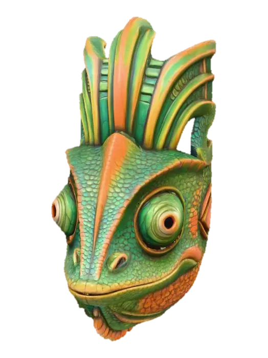 3D model for A vibrant, intricately carved wooden mask depicting a stylized chameleon, painted in a robust palette of shifting lime green, sunset orange, and deep turquoise. The wood texture is subtly visible beneath the matte, distressed paint finish, highlighting its bulging eyes and textured skin. Adorned with scale-like patterns around its face and powerful tribal lines along its unique crest, it exudes an ancient, enigmatic aura.