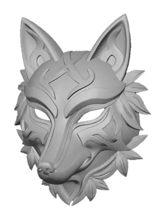 3D model for A vibrant, intricately carved wooden mask depicting a stylized fox, painted in a robust palette of rusty red, snowy white, and twilight blue. The wood texture is subtly visible beneath the matte, distressed paint finish, highlighting its sly muzzle and pointed ears. Adorned with leafy patterns around its face and powerful tribal lines along its clever eyes, it exudes an ancient, cunning aura.
