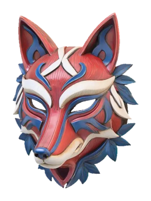 3D model for A vibrant, intricately carved wooden mask depicting a stylized fox, painted in a robust palette of rusty red, snowy white, and twilight blue. The wood texture is subtly visible beneath the matte, distressed paint finish, highlighting its sly muzzle and pointed ears. Adorned with leafy patterns around its face and powerful tribal lines along its clever eyes, it exudes an ancient, cunning aura.