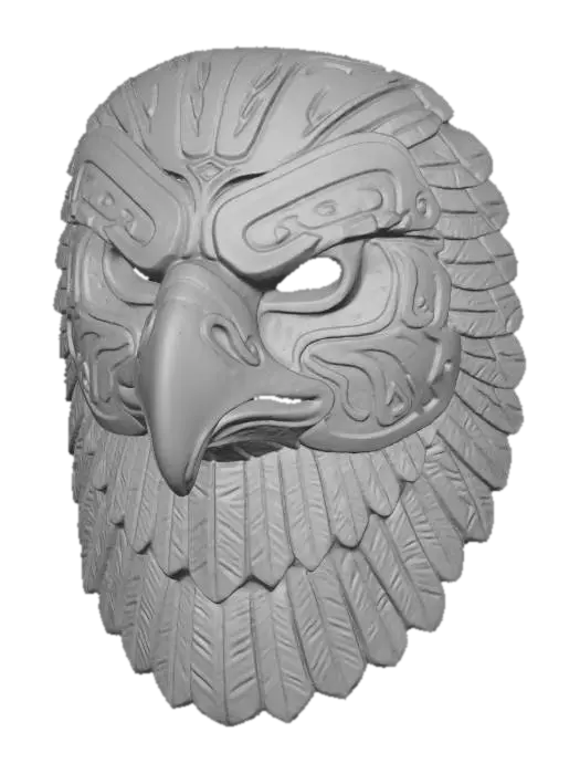 3D model for A vibrant, intricately carved wooden mask depicting a stylized eagle, painted in a robust palette of sky blue, rusted iron, and snowy white. The wood texture is subtly visible beneath the matte, distressed paint finish, highlighting its sharp beak and piercing gaze. Adorned with feathered wing patterns around its face and powerful tribal lines along its brow, it exudes an ancient, soaring aura.