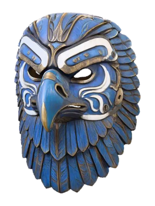 3D model for A vibrant, intricately carved wooden mask depicting a stylized eagle, painted in a robust palette of sky blue, rusted iron, and snowy white. The wood texture is subtly visible beneath the matte, distressed paint finish, highlighting its sharp beak and piercing gaze. Adorned with feathered wing patterns around its face and powerful tribal lines along its brow, it exudes an ancient, soaring aura.