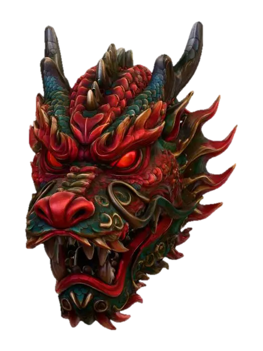 A vibrant, intricately carved wooden mask depicting a stylized dragon, painted in a… 3D model, vytvořený pomocí AI