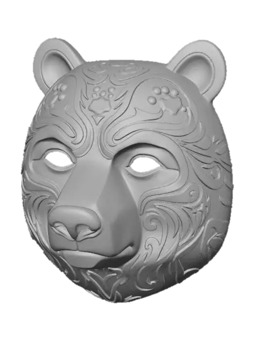 3D model for A vibrant, intricately carved wooden mask depicting a stylized bear, painted in an earthy palette of rich umber, mossy green, and stone grey. The wood texture is subtly visible beneath the matte, distressed paint finish, highlighting the robust structure of its head and the calm strength in its features. Adorned with paw print emblems around its forehead and swirling forest patterns along its jowls, it exudes an ancient, guardian aura.